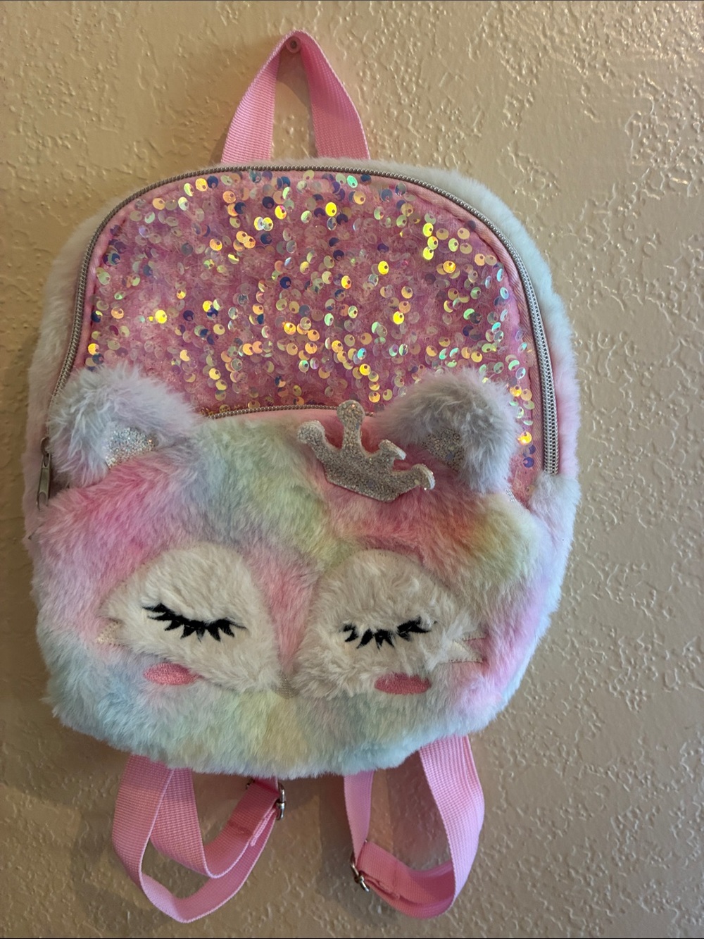 Kids Pink Multicolor Plush Sequin Fuzzy Rainbow Fox Backpack